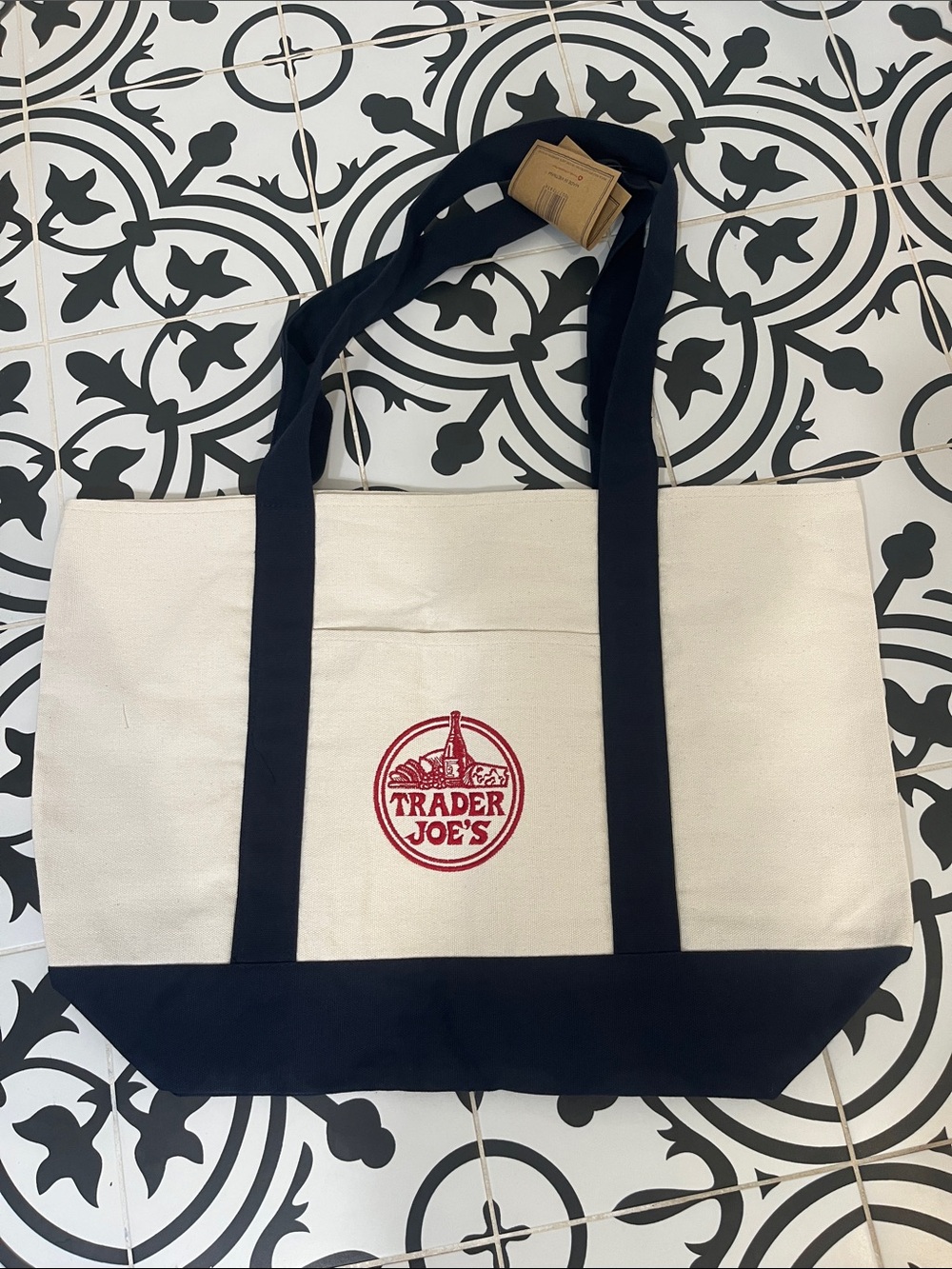 Trader Joe's LARGE Canvas Tote Bag in Cream and Navy